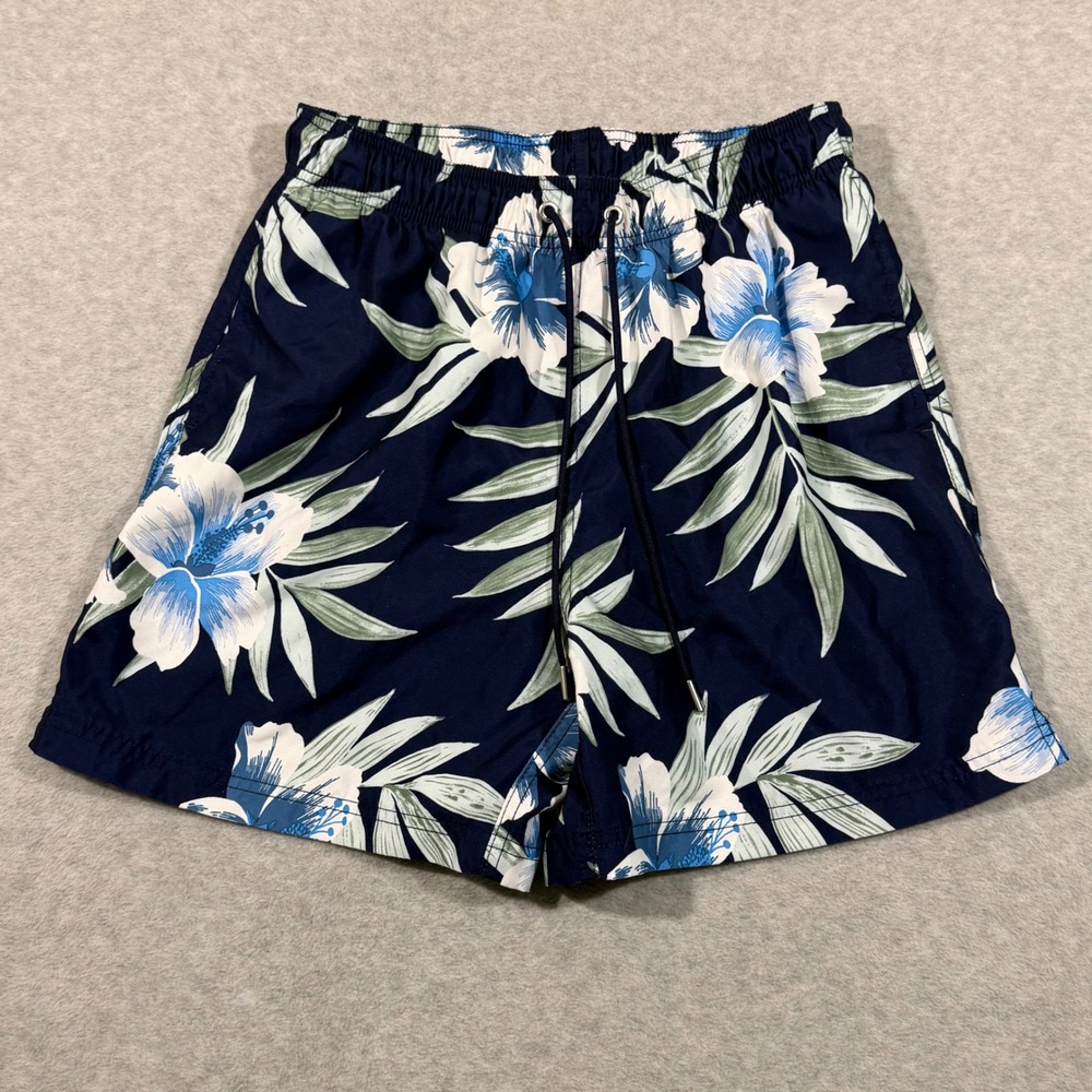 Lands' End Swim Trunks Mens Medium Navy Blue Floral 5 Inch Inseam